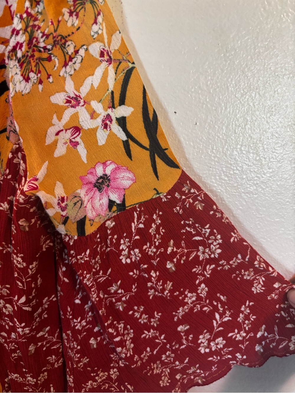 Umgee Mustard and Maroon Floral Crochet V-Neck Tunic - Picture 5 of 10